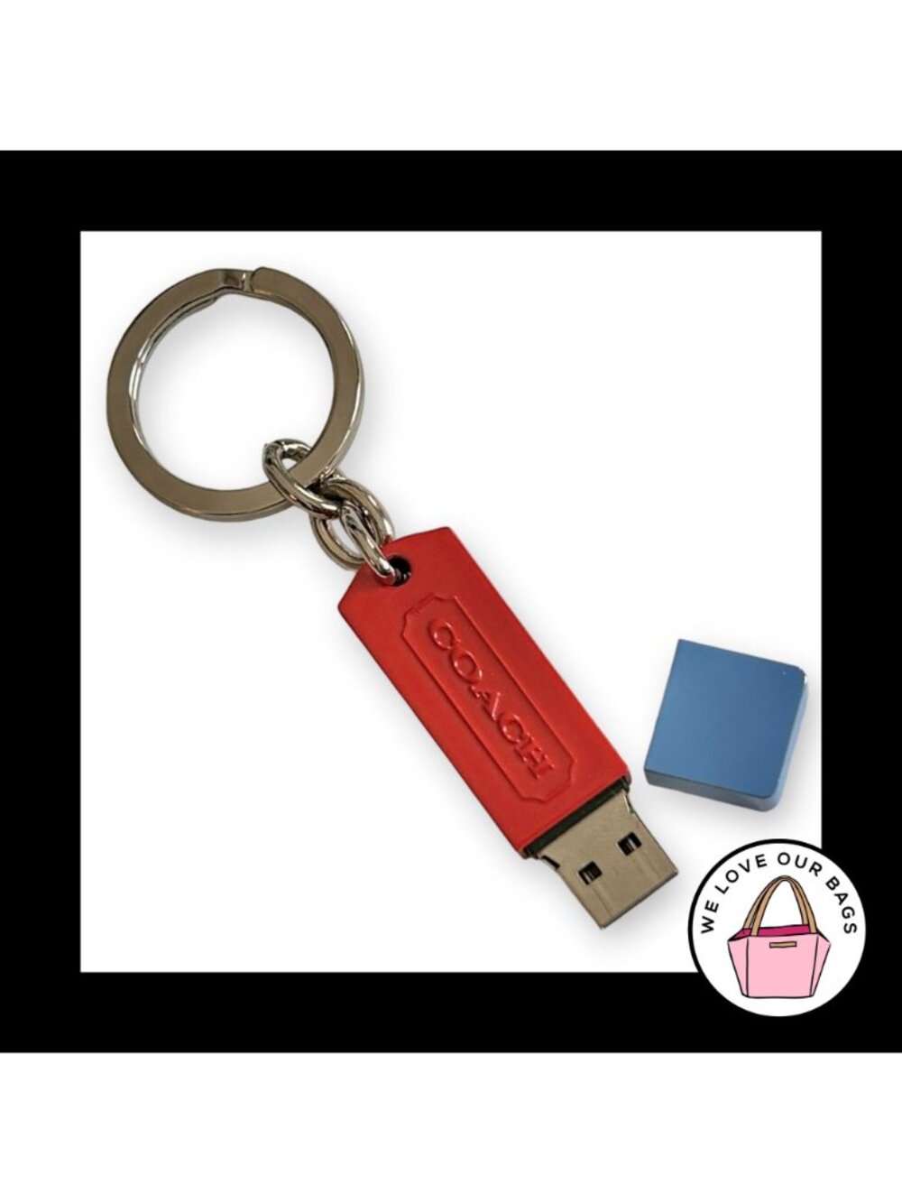 New COACH USB DRIVE 8gb Red Blue Nickel Keychain Bag Charm Hang Tag Fob 69036 - Picture 2 of 4